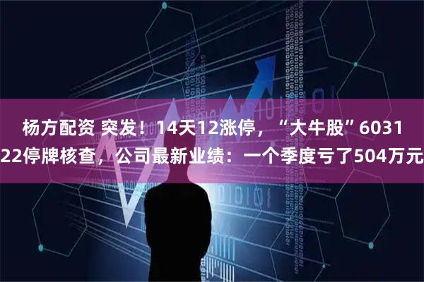 杨方配资 突发！14天12涨停，“大牛股”603122停牌核查，公司最新业绩：一个季度亏了504万元